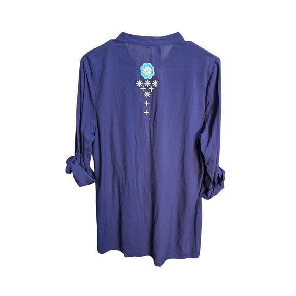 Solitaire Top Tunic Women M Blue Floral Boho Relaxed Embroidered Button NWT - Picture 8 of 8